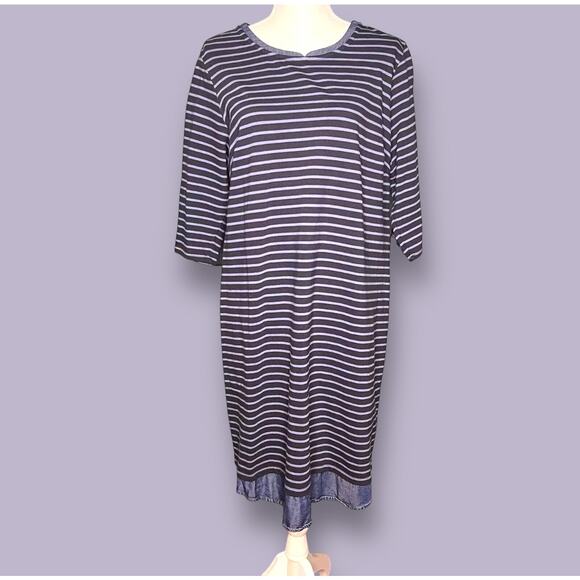 J Jill Size 1X Black Gray Stripe Jersey Knit Dress Chambray Trim Casual Nautical - Picture 1 of 14